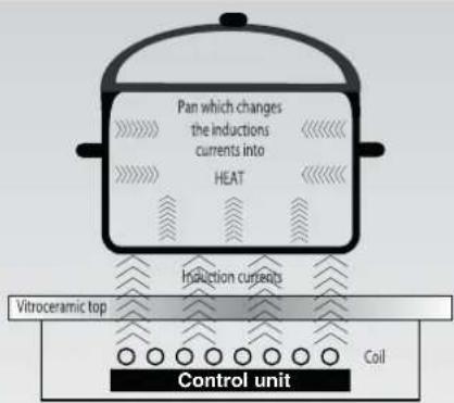 Pan which changes the inductions currents into HEAT Inuction currents Vitroceramic top Control unit Coil