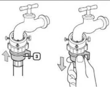 Diagram showing two-step installation of a faucet with valve mechanism, labeled with number 3 and directional arrows.