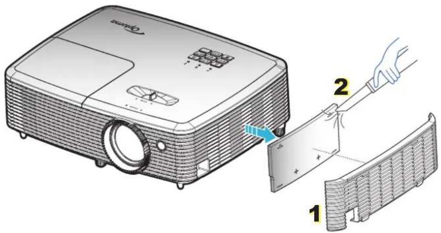 Diagram showing a projector with labeled parts and a hand holding a clip, illustrating the process of adding or removing a slide.