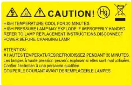 CAUTION! HIGH TEMPERATURE COOL FOR 30 MINUTES. HIGH PRESSURE LAMP MAY EXPLODE IF IMPROPERLY HANDED. REFER TO LAMP REPLACEMENT INSTRUCTIONS DISCONNECT POWER BEFORE CHANGING LAMP. ATTENTION: AHAUTES TEMPERATURES REFROIDISSEZ PENDANT 30 MINUTES. Les lampes à haute pression peuvent exploser si elles sont mal utilisées. Confier l'entretien à une personne qualifiée. COUPERLE COURANT AVANT DEREMPLACERLE LAMPES.