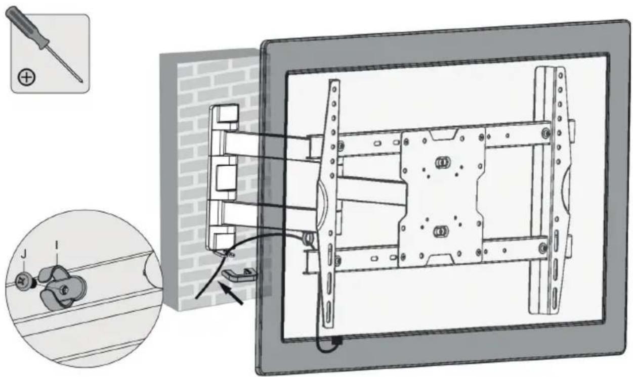 Technical diagram showing a mounted TV cable assembly with labeled components and wiring, including a screwdriver icon and magnified detail view.