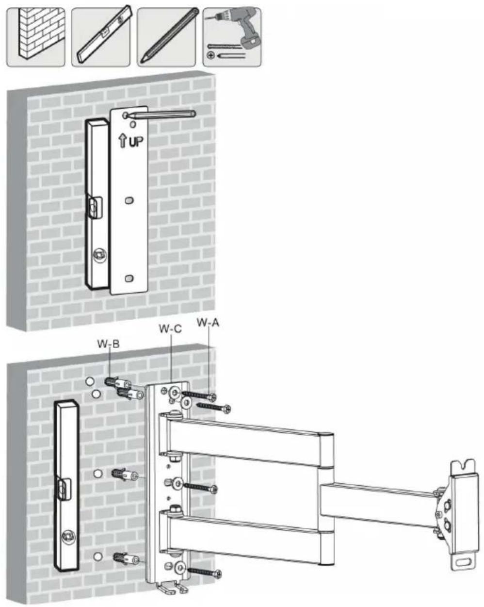 Technical diagram of a door lock assembly with labeled components and exploded view, including brick wall, hand tools, and tool icons.