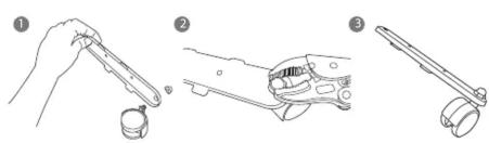 Illustration showing three-step manual techniques for a tool manipulation or cleaning process, labeled 1 to 3.