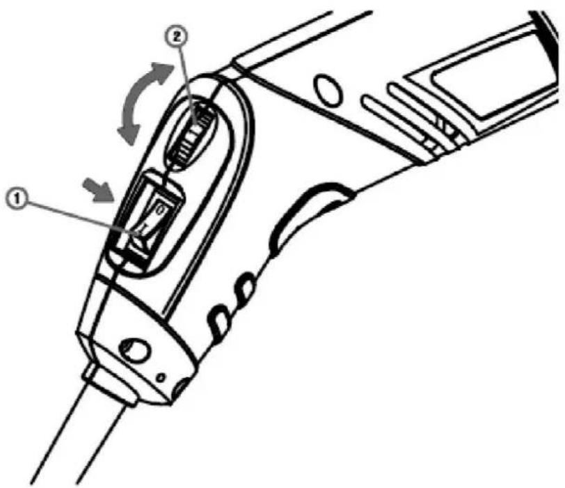 Technical diagram of a handheld device with labeled parts and directional arrows indicating motion or assembly.