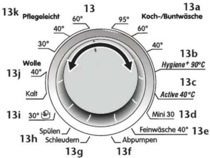 13k Pflegeleicht 13 60° 95° 60° Koch-/Buntwäsche 13a 40° 30° Wolle 13b Hygiene+ 90°C 13j Active 40°C Kalt 13i 30° Spülen Schleudern 13h 13g 13f Feinwäsche 40° 13e Abpumpen