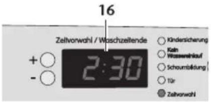 16 Zeitvorwahl / Waschzeitende + ○ - ○ 2:30 Kindersicherung Kaft Wassereinkauf Schoumbildung 10r Zeitvorwahl