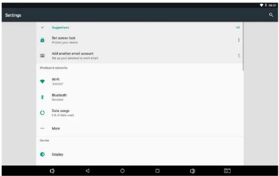 Settings Suggestions Set screen lock Protect your device Add another email account Set up your personal or work email Wireless & networks Wi-Fi "BAHOS" Bluetooth Disabled Data usage 0 B of data used More Device Display