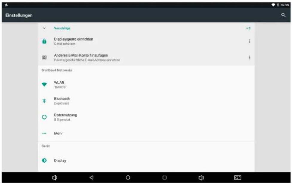 Einstellungen Vorschläge +3 Displaysperre einrichten Gerät schützen Anderes E-Mail-Konto hinzufügen Private/geschäftliche E-Mail-Adresse einrichten Drahtlos & Netzwerke WLAN "BAROS" Bluetooth Deaktiviert Datennutzung 0 B genutzt Mehr Gerät Display