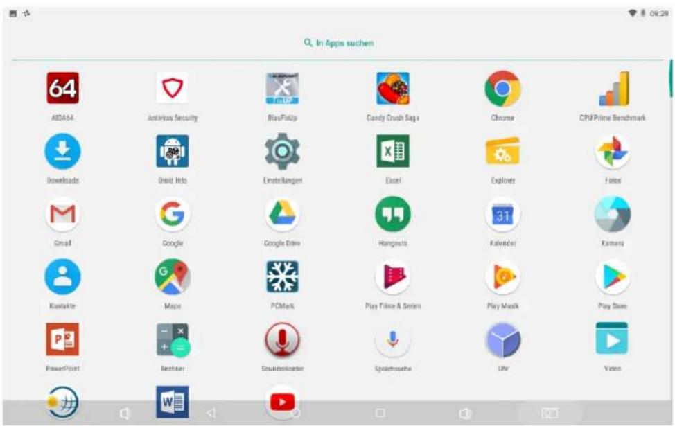 In Apps suchen 64 AIDAS4 Antivirus Security BlauFitUp Candy Crush Saga Chrome CPU Prime Benchmark Downloads Ovid Info Einstellungen Excel Explorer Fotos Gmail Google Google Drive Hangouts Kalender Kamera Kontakte Maps PCMark Play Films & Series Play Music Play Store PowerPoint Rechner Soundwater Spr…