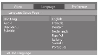 Video Language Preference -- Language Setup Page -- Osd Lang Audio Disc Menu Subtritie English Français Deutsch Nederlands Español Italiano Svenska Português Set Osd Language