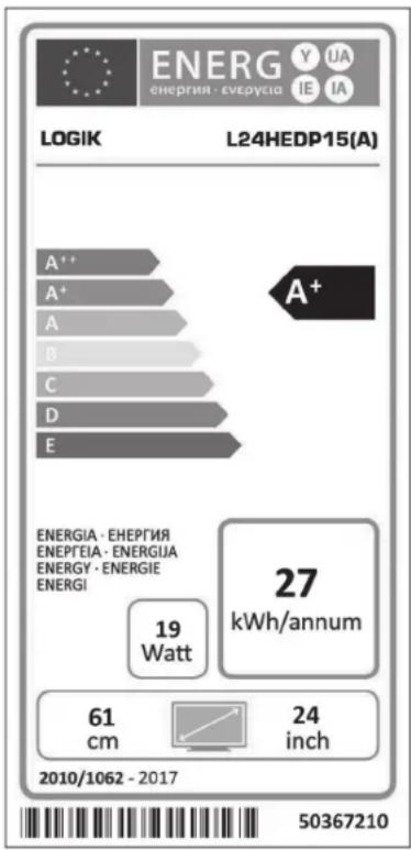 ENERG Y UA ENERGIA - ENERGEIA IE IA LOGIK L24HEDP15(A) A++ A+ A B C D E A+ ENERGIA - ENERGEIA ENEPEIA - ENERGIJA ENERGY - ENERGIE ENERGI 19 Watt 27 kWh/annum 61 cm 24 inch 2010/1062 - 2017 50367210