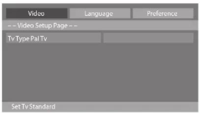 Video Language Preference -- Video Setup Page -- Tv Type Pal Tv Set Tv Standard