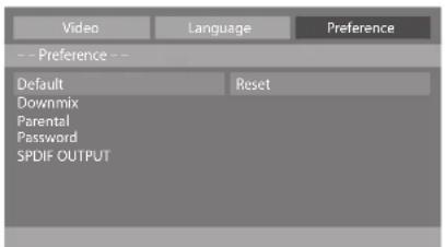 Video Language Preference -- Preference -- Default Reset Downmix Parental Password SPDIF OUTPUT