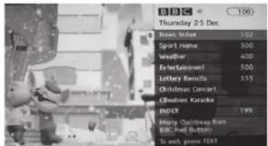BBC Thursday 25 Dec News Index 192 Sport Name 300 Weather 400 Entertainment 300 Lottery Results 555 Christmas Concert Climbs Karaoke INDIX 199 Merry Christmas Sun BBC Post Button! To exit, press TEXT