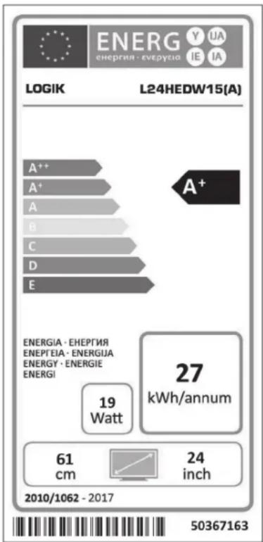 ENERG ENERGIA - eEnergeia Y IIA IE IA LOGIK L24HEDW15(A) A++ A+ A B C D E A+ ENERGIA - ENEPTNIA ENEPTEIA - ENERGIJA ENERGY - ENERGIE ENERGI 19 Watt 27 kWh/annum 61 cm 24 inch 2010/1062 - 2017 50367163