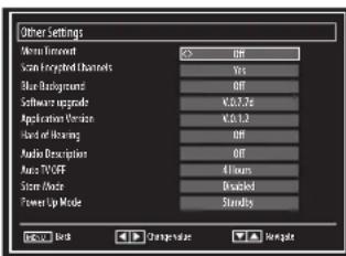 Other Settings Format: Format Scene Forward Channels Blue Background Software upgrade Application Version Band of Hearing Audio Description Audio TV/Off Store Mode Power Lip Mode Change Value Change Rate