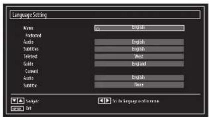 Language Setting Name: English Preferred Audio: English Substituaries: English Selected: West Guide: English Current: English Audio: None Subtitle: None