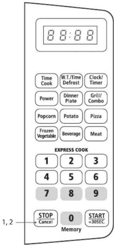 8:8:8 Time Cook W.T./Time Defrost Clock/ Timer Power Dinner Plate Grill/ Combo Popcorn Potato Pizza Frozen Vegetable Beverage Meat EXPRESS COOK 1 2 3 4 5 6 7 8 9 STOP Cancel 0 START +30SEC. Memory 1,2