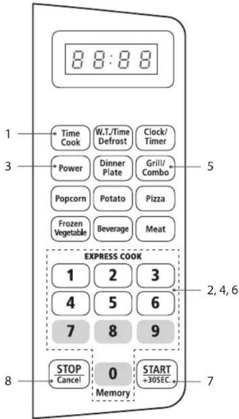 8:8:8 1 Time Cook W.T./Time Defrost Clock/Timer 3 Power Dinner Plate Grill/Combo 5 Popcorn Potato Pizza Frozen Vegetable Beverage Meat EXPRESS COOK 1 2 3 4 5 6 7 8 9 2, 4, 6 STOP 0 START Cancel Memory +30SEC 7