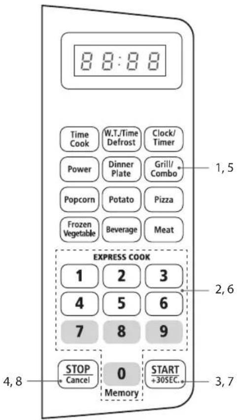 8:8:8 Time Cook W.T./Time Defrost Clock/Timer Power Dinner Plate Grill/Combo Popcorn Potato Pizza Frozen Vegetable Beverage Meat EXPRESS COOK 1 2 3 4 5 6 7 8 9 STOP Cancel 0 START +30SEC. Memory 4,8 3,7 1,5 2,6