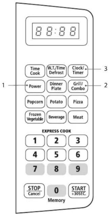 8:8:8 Time Cook W.T./Time Defrost Clock/Timer Power Dinner Plate Grill/Combo Popcorn Potato Pizza Frozen Vegetable Beverage Meat EXPRESS COOK 1 2 3 4 5 6 7 8 9 STOP Cancel 0 START +30SEC. Memory