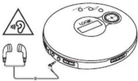 Diagram showing a circular device with ear protection symbols and a separate line drawing of a hand holding an earbell connected to a plug.
