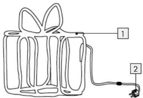 Diagram of a gift box with labeled parts 1 and 2, showing internal structure and cable connection.