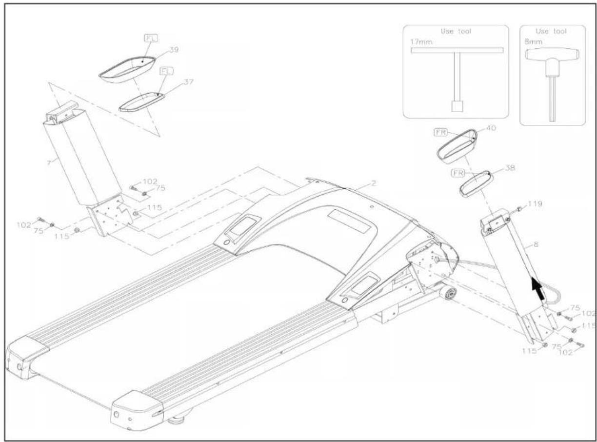 Technical diagram of a treadmill assembly with labeled parts and tool specifications in Chinese
