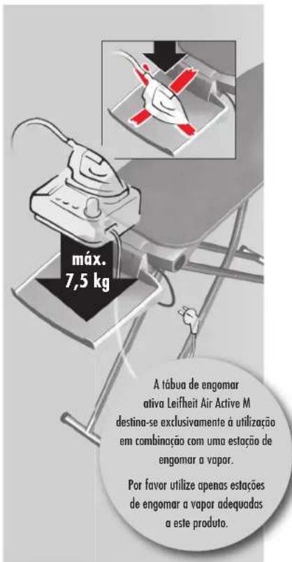 máx. 7,5 kg A tábua de engomar ativa Leifheit Air Active M destina-se exclusivamente à utilização em combinação com uma estação de engomar a vapor. Por favor utilize apenas estações de engomar a vapor adequadas a este produto.
