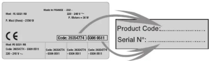 Made in FRANCE - 232 - Mod : FE 6021 RB P. Maxi (Oven) - 2350 V Z20 - 240 V ~ P. Motors = 30 V CE Code: 39354774 - 0306 0511 Product Code:............ Serial N°:............