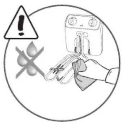 Safety warning symbol with warning triangle, cross, and hand holding a tool, indicating hazard or hazard against cleaning.