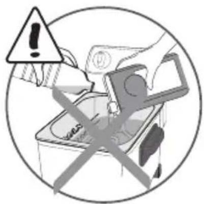 Warning symbol with exclamation mark and crossed-out hand gesture, indicating hazardous material or waste disposal