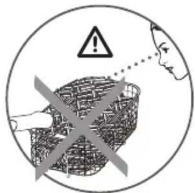 Warning symbol with exclamation mark, magnified basket, and face pointing to a person's face