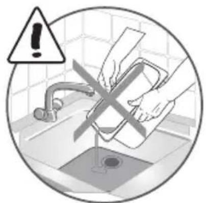 Safety warning symbol showing hand washing a shower in a kitchen sink, with warning sign and exclamation mark