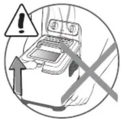 Warning symbol with exclamation mark and crossed hand, indicating incorrect safety or hazard