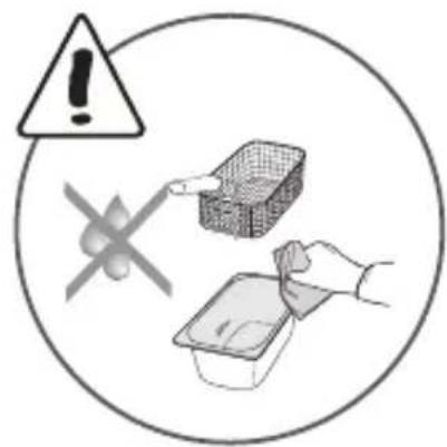 Warning symbol with warning triangle, crossed-out cross, and labeled objects including a grid box and container