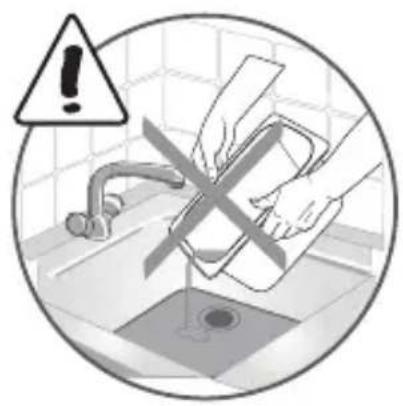 Safety warning symbol showing hand washing a sink with a cross mark and warning triangle