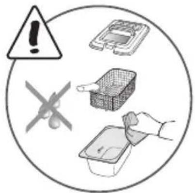 Warning symbol image with warning triangle, crossed cross, and icons for food storage, packaging, and cleaning.