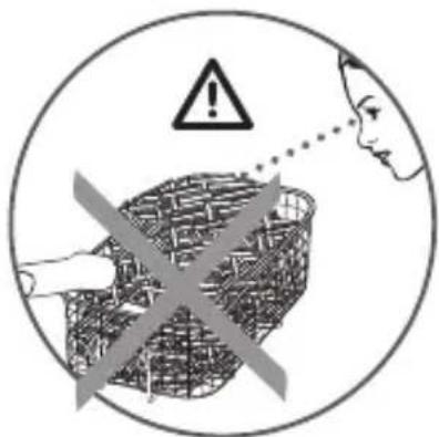 Warning symbol with exclamation mark and magnified face, depicting a person's face highlighting a grid of objects.