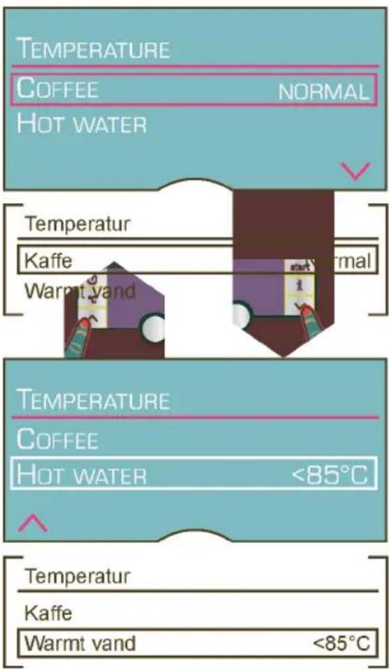 TEMPERATURE COFFEE NORMAL HOT WATER Temperatur Kaffe warmt vand Normal TEMPERATURE COFFEE HOT WATER <85°C Temperatur Kaffe warmt vand <85°C
