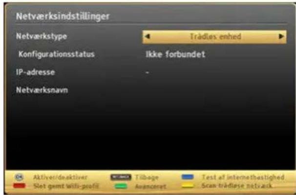Netværksindstillinger Netværkstype Trådles enhed Konfigurationsstatus Ikke forbundet IP-adresse - Netværksnavn Aktiver/deaktiver Tilbage Test af internethastighed Slot gemt wifi-profit Avanceret Scan trädelse netvark