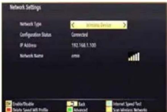Network Settings Network Type < Windows Device > Configuration Status Connected IP Address 192.168.1.100 Network Name error Enable/Disable Back Internet Speed Test Delete Speed With Profile Advanced Scan Windows Networks