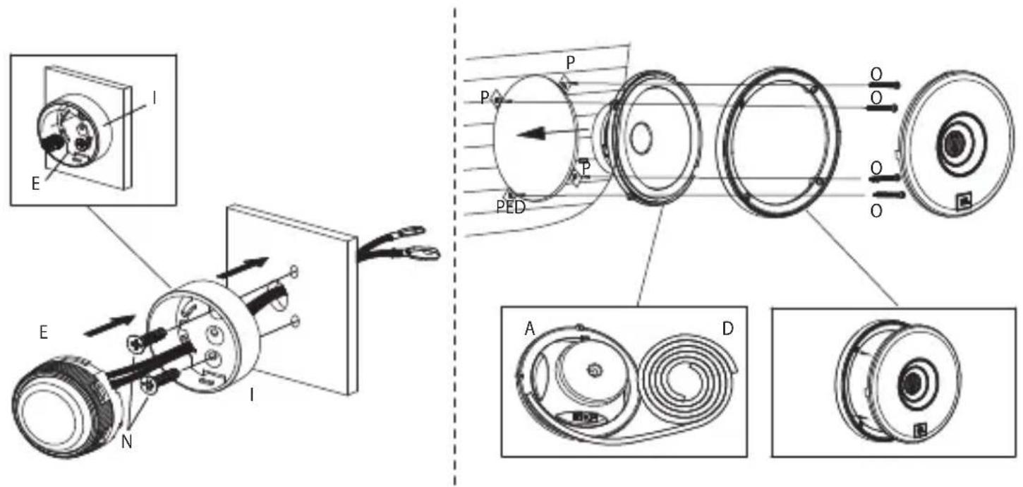 Technical diagram illustrating the assembly of a device with labeled components and internal wiring, including parts E, N, P, PED, and O.