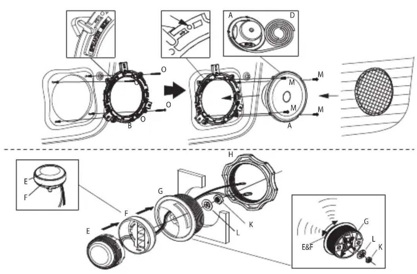 Technical diagram illustrating mechanical assembly and component layout with labeled parts A, B, C, D, E, F, G, H, K, L, M.