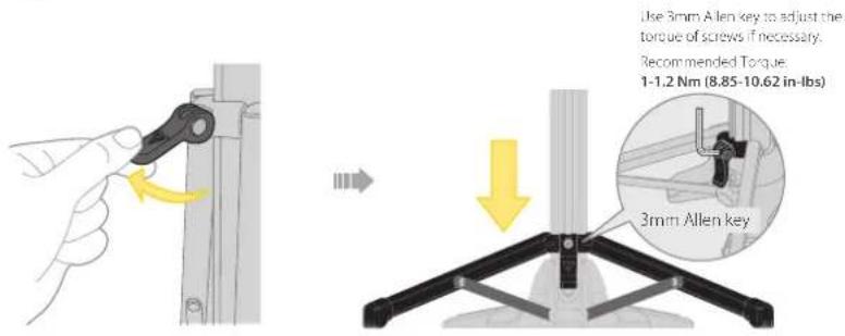 Use 3mm Allen key to adjust the torque of screws if necessary. Recommended Torque: 1-1.2 Nm (8.85-10.62 in-lbs) 3mm Allen key