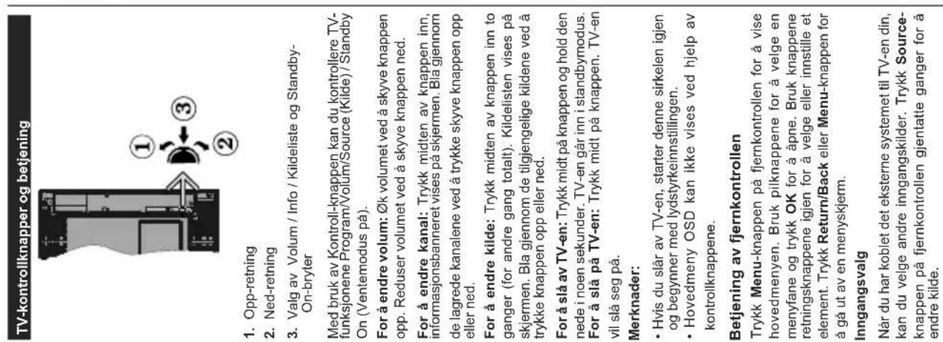 TV-kontrollknapper og betjening 1. Opp-retning 2. Ned-retning 3. Valg av Volum / Info / Kildeliste og Standby-On-bryter Med bruk av Kontroll-knappen kan du kontrollere TV-funksjonene Program/Volum/Source (Kilde) / Standby On (Ventemodus på). For å endre volum: Øk volumet ved å skyve knappen opp. Reduser volumet ved å skyve knappen ned. For å endre kanal: Trykk midten av knappen inn, informasjonsbanneret vises på skjermen. Bla gjennom de lagrede kanalene ved å trykke skyve knappen opp eller ned. For å endre kilde: Trykk midten av knappen inn to ganger (for andre gang totalt). Kildelisten vises på skjermen. Bla gjennom de tilgjengelige kildene ved å trykke knappen opp eller ned. For å slå av TV-en: Trykk midt på knappen og hold den nede i noen sekunder. TV-en går inn i standbymodus. For å slå på TV-en: Trykk midt på knappen. TV-en vil slå seg på. Merknader: • Hvis du slår av TV-en, starter denne sirkelen igjen og begynner med lydstyrkeinnstillingen. • Hovedmeny OSD kan ikke vises ved hjelp av kontrollknappene. Betjening av fjernkontrollen Trykk Menu-knappen på fjernkontrollen for å vise hovedmenyen. Bruk pilknappene for å velge en menyfane og trykk OK for å åpne. Bruk knappene retningsknappene igjen for å velge eller innstille et element. Trykk Return/Back eller Menu-knappen for å gå ut av en menyskjerm. Inngangsvalg Når du har koblet det eksterne systemet til TV-en din, kan du velge andre inngangskilder. Trykk Source-knappen på fjernkontrollen gjentatte ganger for å endre kilde.