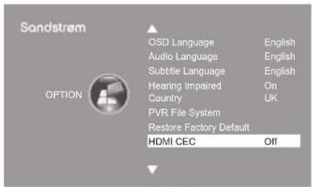 Sandstream OPTION OSD Language English Audio Language English Subtitle Language English Hearing Impaired On Country UK PVR File System Restore Factory Default HDMI CEC Off