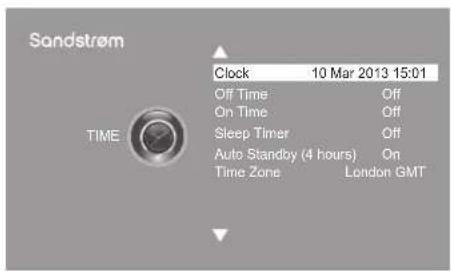 Sandstrøm TIME Clock 10 Mar 2013 15:01 Off Time Off On Time Off Sleep Timer Off Auto Standby (4 hours) On Time Zone London GMT