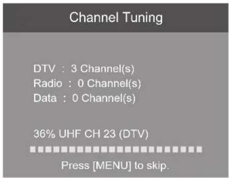 Channel Tuning DTV : 3 Channel(s) Radio : 0 Channel(s) Data : 0 Channel(s) 36% UHF CH 23 (DTV) Press [MENU] to skip.