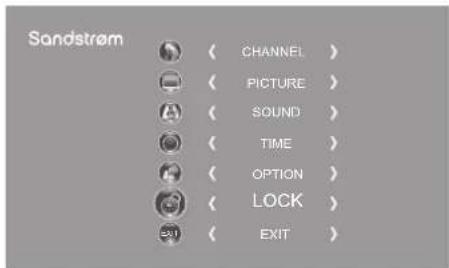 Sandstrøm CHANNEL PICTURE SOUND TIME OPTION LOCK EXIT